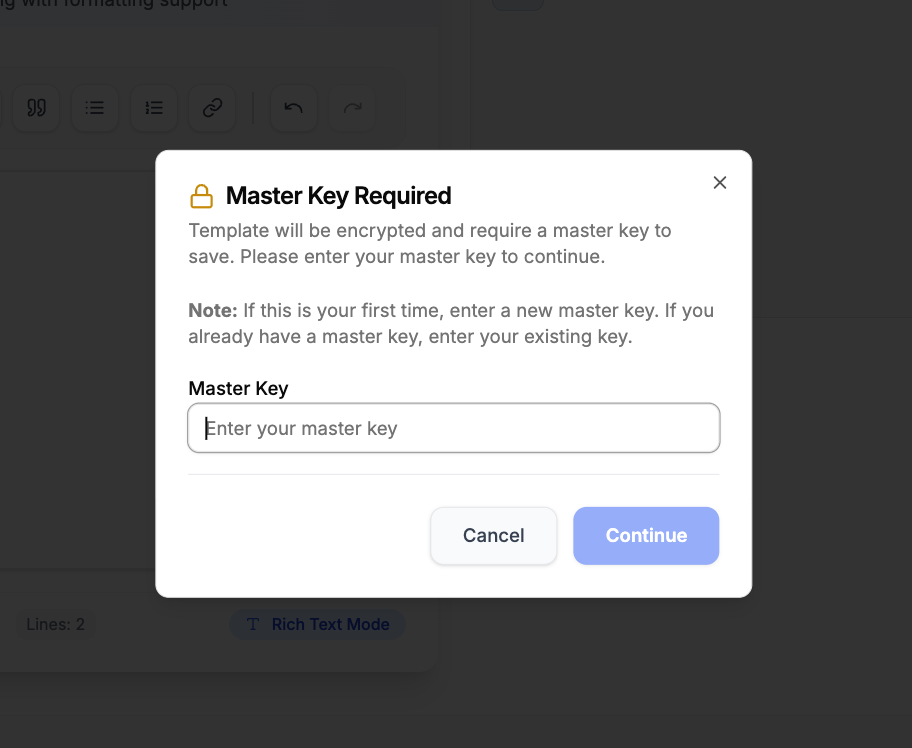 Input Master Key Modal Screenshot